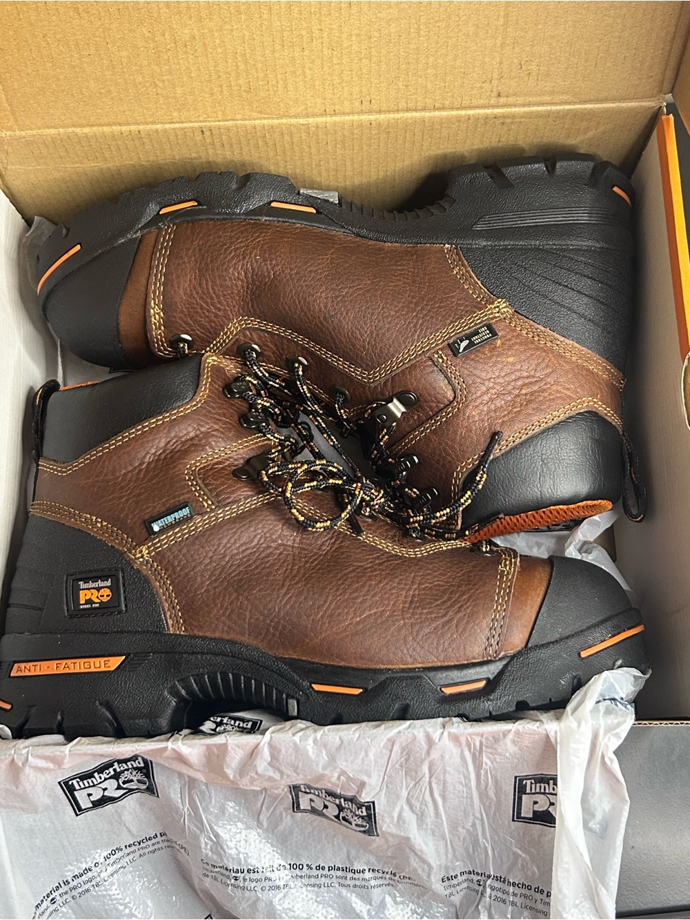 Timberland PRO Men's Brown and Black Leather Work Boots with Orange Accents